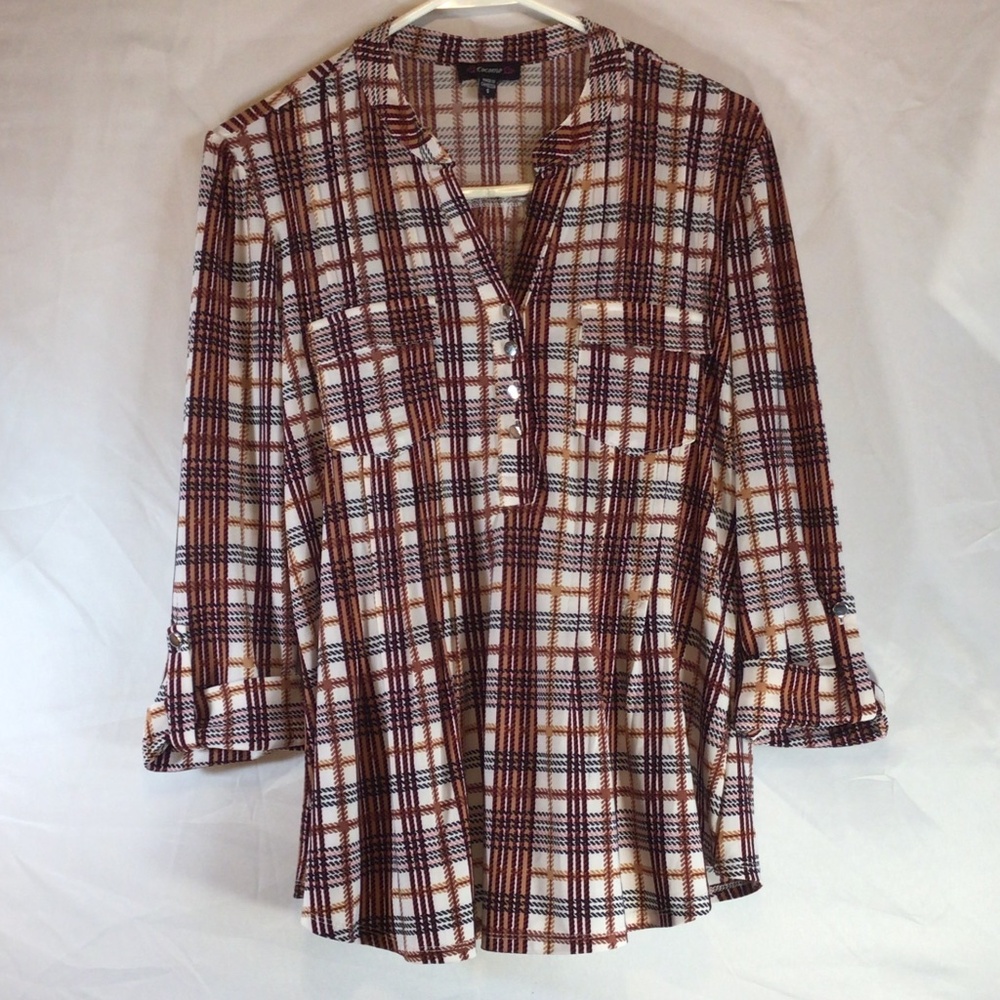 Cocomo Size S Plaid Button Front Top Boho Fall Long Sleeve Everyday